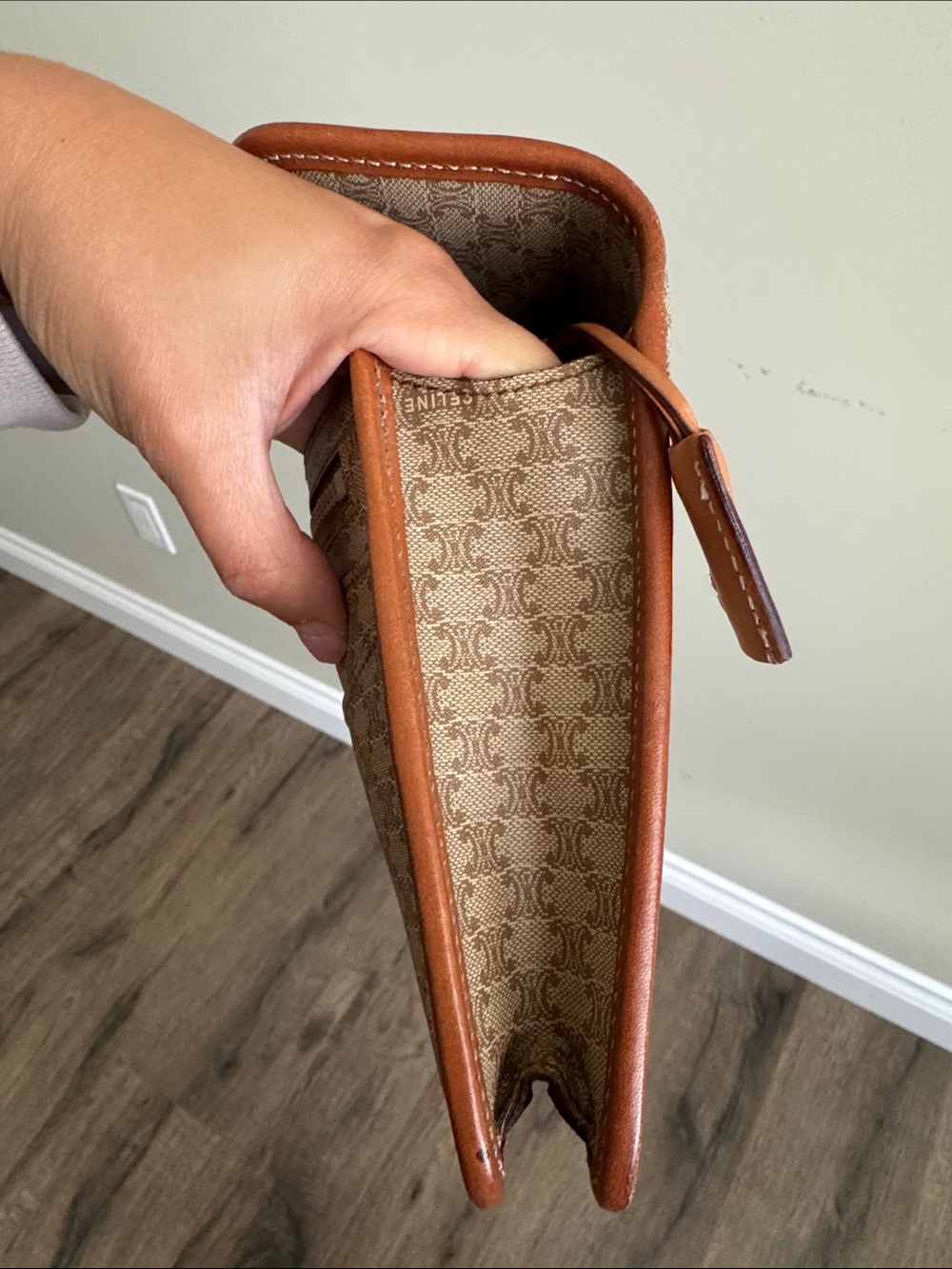Celine Beige Monogram Canvas Clutch with Brown Trim and Gold Hardware - Picture 10 of 12